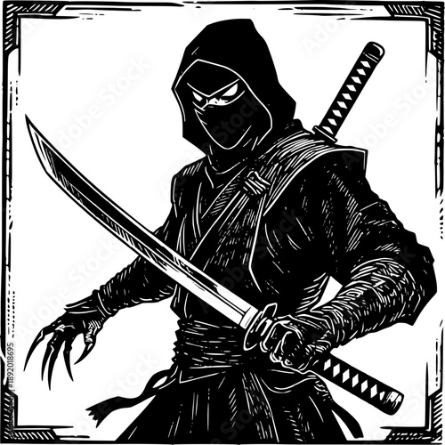 Silent Shadow: A mysterious ninja, cloaked in darkness, stands ready with a katana in hand, exuding an aura of stealth and intrigue. 