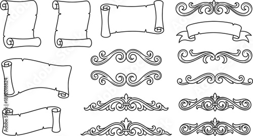 Elegant collection of vintage scroll banners and ornate decorative dividers, perfect for retro design projects and vector graphic elements