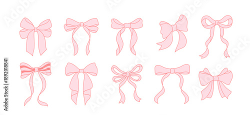 Pink Hand Drawn Ribbon Bow Collection, Cute Classic Coquette Style Bow Illustration Set