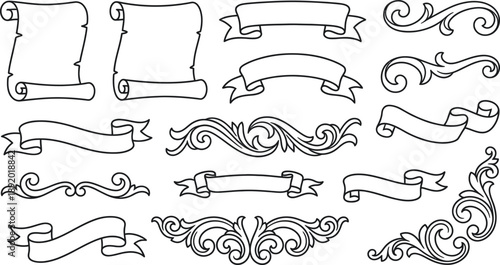 Fotografie Elegant Vintage Scrolls and Ribbons Vector Collection for Classic Design Project