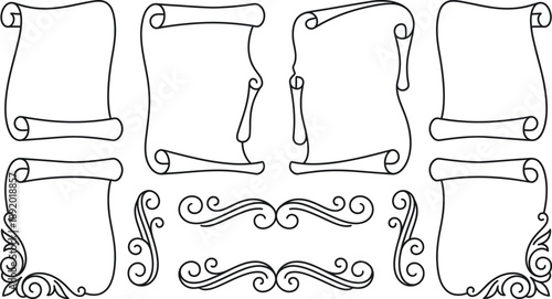Elegant vector set featuring antique paper scrolls, ornate decorative borders, and sophisticated design flourishes for vintage themed projects