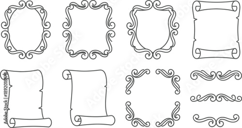 Elegant Hand-Drawn Vector Frames, Ornate Scroll Elements, and Decorative Border Designs for Graphic Projects and Invitations