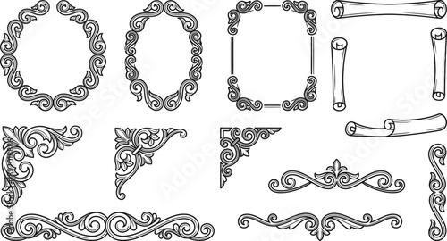 Ornate Vintage Vector Design Elements Collection Featuring Elegant Frames, Borders, Decorative Corners, and Swirling Scroll Flourishes