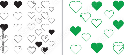 A comprehensive set of minimalist heart icons in black and green. This collection features diverse styles, including solid fills, thin outlines, and overlapping shapes for versatile UI design.