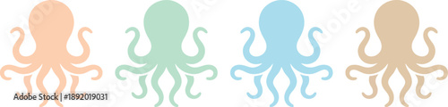 Playful marine life collection of four stylized octopus illustrations in soft pastel colors, ideal for modern aquatic graphic designs and charming children's themes