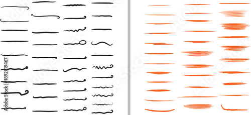 A comprehensive set of minimalist hand-drawn underlines and textured brush strokes in black and orange. These clean, linear marks range from smooth waves to thick artistic smears for digital design.