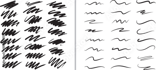 A comprehensive set of expressive, hand-drawn ink scribbles and minimalist underlines in black. These versatile marks range from dense, textured hatches to smooth, elegant waves for digital art.