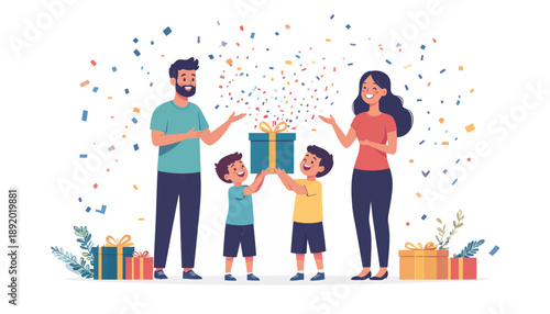 Joyful family celebration with parents and two sons opening a large surprise gift box under a shower of colorful confetti