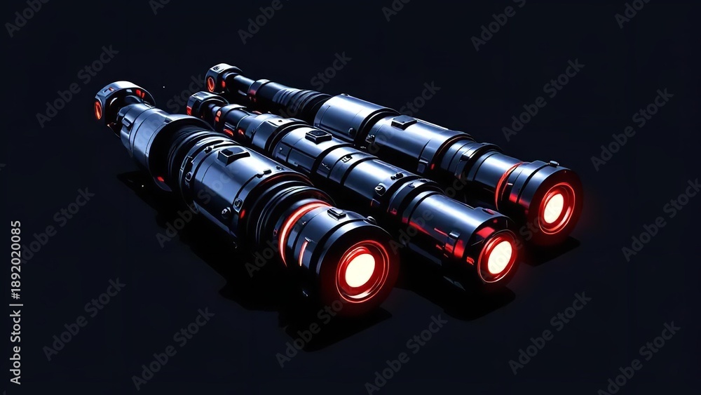 Fototapeta premium Three sleek futuristic lightsabers with glowing red hilts and white blades displayed against a dark background