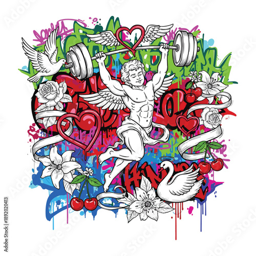 Graffiti fitness illustration, Retro Valentine's Day elements. Elegant and seductive sketches of hearts, angels, cupids, flowers, birds, and cherries.