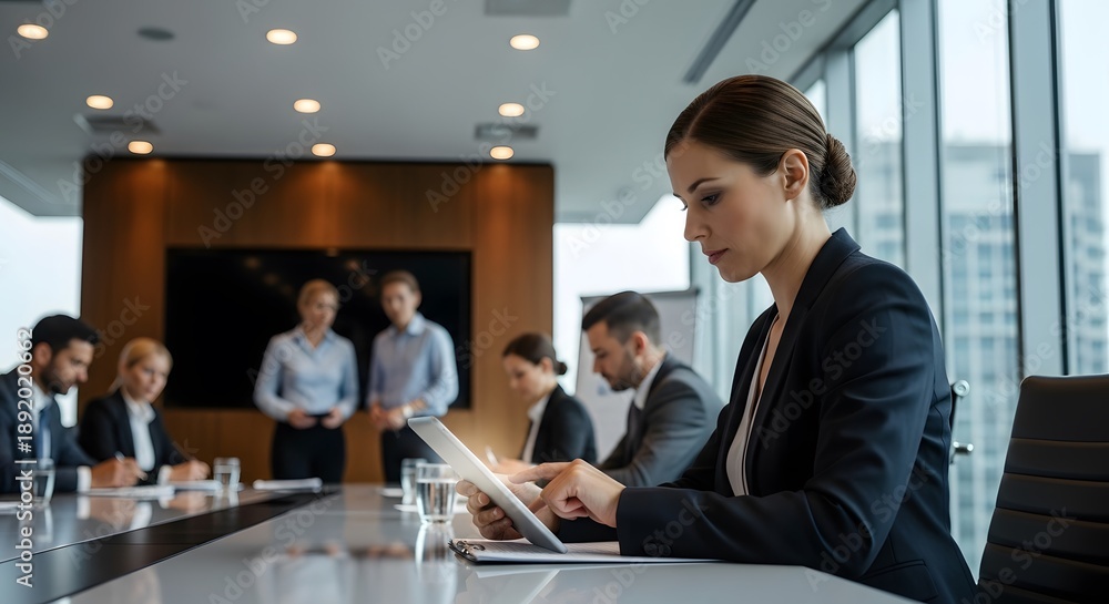 Fototapeta premium Businesswoman Working on Tablet During Corporate Meeting.