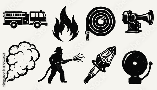 Vintage Woodcut Firefighting and Rescue Icons Collection