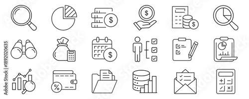 Accounting set of web icons in line style. Accounting and audit icons for web and mobile app. Containing finance report and audit, invoice, tax return, accounting, auditing, inspection and more.