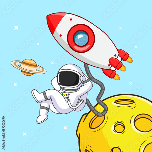 Relaxing Astronaut in Space with Rocket Enjoying The View of Saturn Vector Illustration
