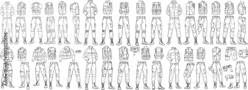 Variety of tactical clothing designs including jackets and pants in black and white sketches.