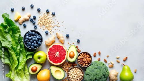 Fresh fruits and vegetables arranged on a plain background with nuts and grains in small bowls and scattered around, showcasing a variety of healthy foods for a nutritious diet and lifestyle, includin
