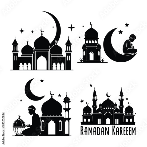 Islamic Mosque Silhouette,Black silhouette of a mosque with dome and minarets on a white background Islamic architecture