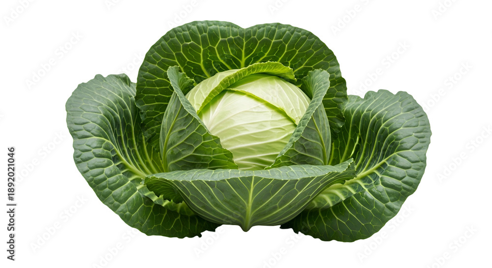 Fototapeta premium A fresh, whole cabbage, isolated on black, showing green outer leaves and white inner head
