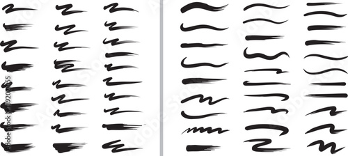 A comprehensive set of expressive brush strokes and artistic underlines. Featuring messy scribbles, elegant calligraphy, and bold ink sweeps in a minimalist black and white vector style.