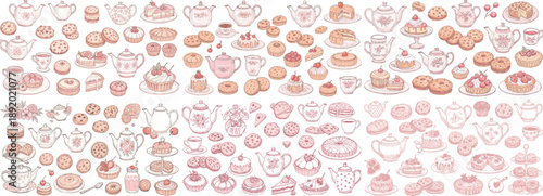 A charming array of hand-drawn pastries and teapots in soft pink tones, perfect for dessert lovers.