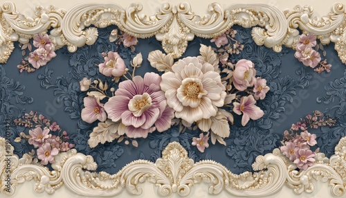 Ornate, three dimensional floral arrangement decorates a rich blue patterned backdrop framed by elaborate pale moldings