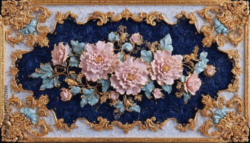 Ornate baroque panel features three dimensional pink blossoms against a deep blue textured background framed in gold