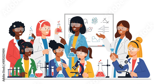 Illustration of diverse group of women and girls in science, working together in a lab with various equipment and a whiteboard in the background, celebrating International Day of Women and