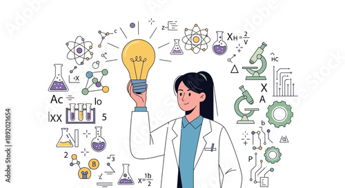 Illustration of a woman in a lab coat holding a lightbulb surrounded by science-related icons and symbols on International Day of Women and Girls in Science.
