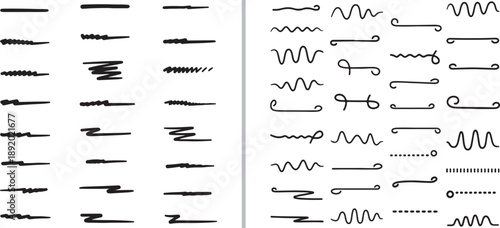 A comprehensive set of hand-drawn underlines and divider strokes. Includes messy scribbles, elegant calligraphic swirls, wavy lines, and jagged brush strokes in a minimalist black ink style.