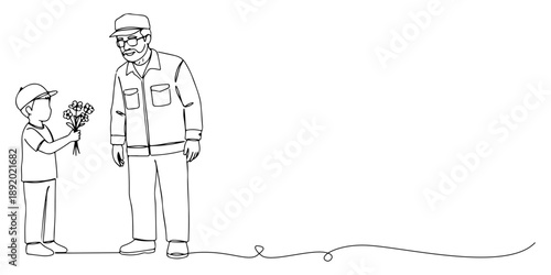Continuous one line drawing of a little boy giving flowers to an old man wearing work uniform, representing love and appreciation on Labor Day, labor day, line art style vector illustration.