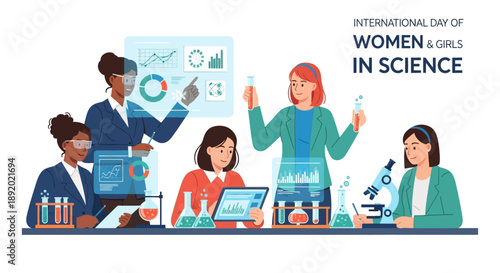 Illustration of diverse women and girls in science working together in a lab with laptops and equipment on International Day of Women and Girls in Science.