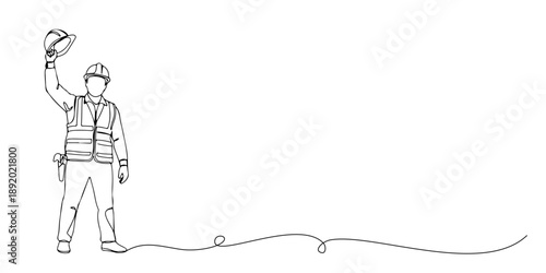 A continuous single line drawing of a construction worker raising his helmet in the air proudly, representing appreciation for hard work, line art style illustration.