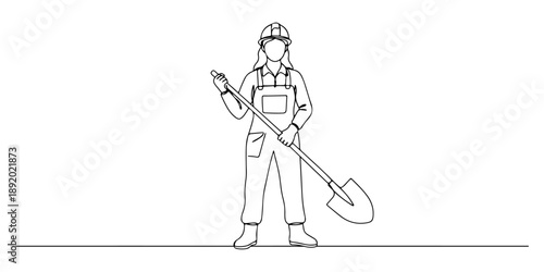 A continuous single line drawing of a female laborer holding a shovel with a smile, representing the spirit of Labor Day, line art style illustration.