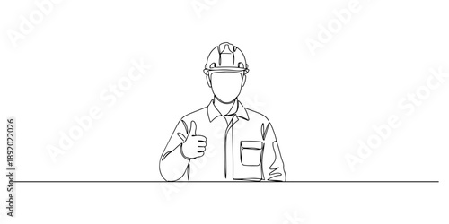 Continuous one line drawing of a technician wearing a protective helmet while giving a thumbs up, representing respect for the profession, labor day, line art style vector illustration.