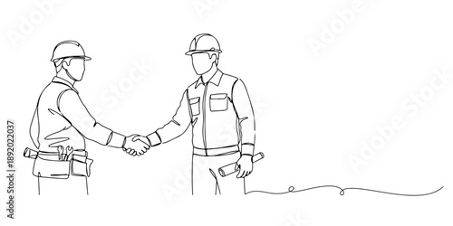 Continuous one line drawing of two workers shaking hands tightly, representing workers solidarity, labor day, line art style vector illustration.