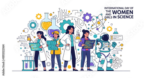 Illustration of diverse women in science, including a doctor, nurse, and engineer, surrounded by scientific symbols and tools, celebrating International Day of Women and Girls in Science