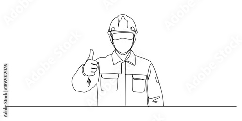 Continuous one line drawing of a technician wearing a protective helmet while giving a thumbs up, representing respect for the profession, labor day, line art style vector illustration.