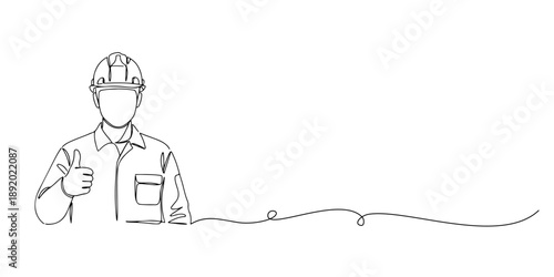 Continuous one line drawing of a technician wearing a protective helmet while giving a thumbs up, representing respect for the profession, labor day, line art style vector illustration.