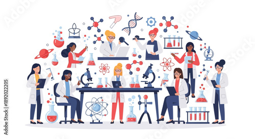 Illustration of diverse scientists and medical professionals working together in a lab for International Day of Women and Girls in Science with various equipment and symbols.