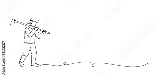 Continuous one line drawing of a farmer carrying a hoe on his shoulder, representing the contribution of farmers on Labor Day, labor day, line art style vector illustration.