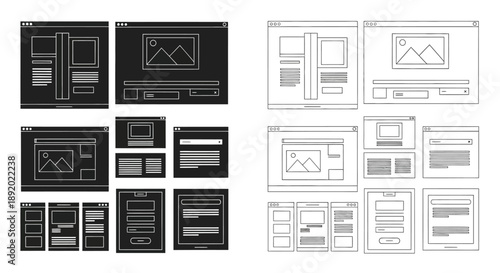 Wireframe layouts depicting various website and app user interface designs