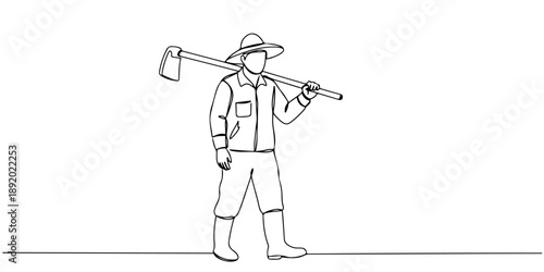 Continuous one line drawing of a farmer carrying a hoe on his shoulder, representing the contribution of farmers on Labor Day, labor day, line art style vector illustration.