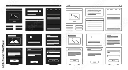 Black and white mockup of multiple responsive website or app layouts