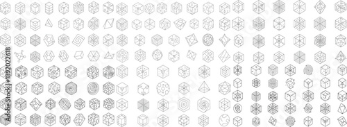 A collection of intricate geometric shapes and patterns in black and white, showcasing artistic design.