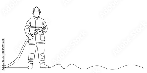 Continuous one line drawing of a fireman standing with a hose in hand, representing the courage of workers, labor day, line art style vector illustration.