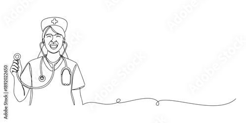 Continuous one line drawing of a nurse with stethoscope smiling enthusiastically, representing the dedication of health workers, labor day, line art style vector illustration.