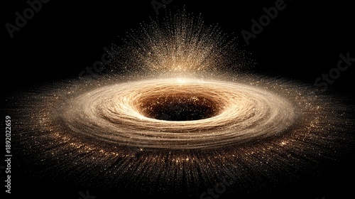 Golden Particles Swirling Around Black Hole in Dark Cosmic Background with Abstract Glowing Sparks and Concentric Layers