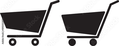 Two simple black silhouette icons of shopping carts, representing commerce and retail.