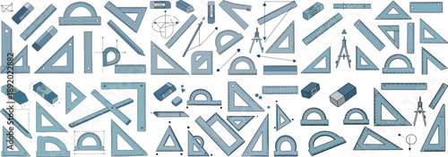 A collection of various geometric tools and shapes in shades of blue, perfect for design and engineering work.