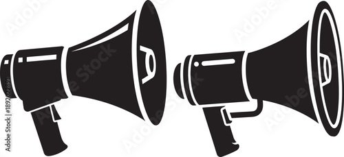Two bold black silhouettes of megaphones, representing announcements and public speaking.